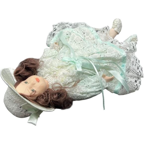 Porcelain Girl Doll in Mint Green Lace Dress with Wide Brim Hat - Picture 6 of 8
